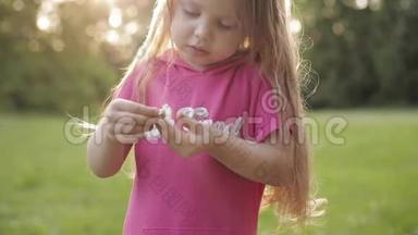 可爱的小女孩带着小<strong>马尾巴</strong>在草地上摘花`花瓣。